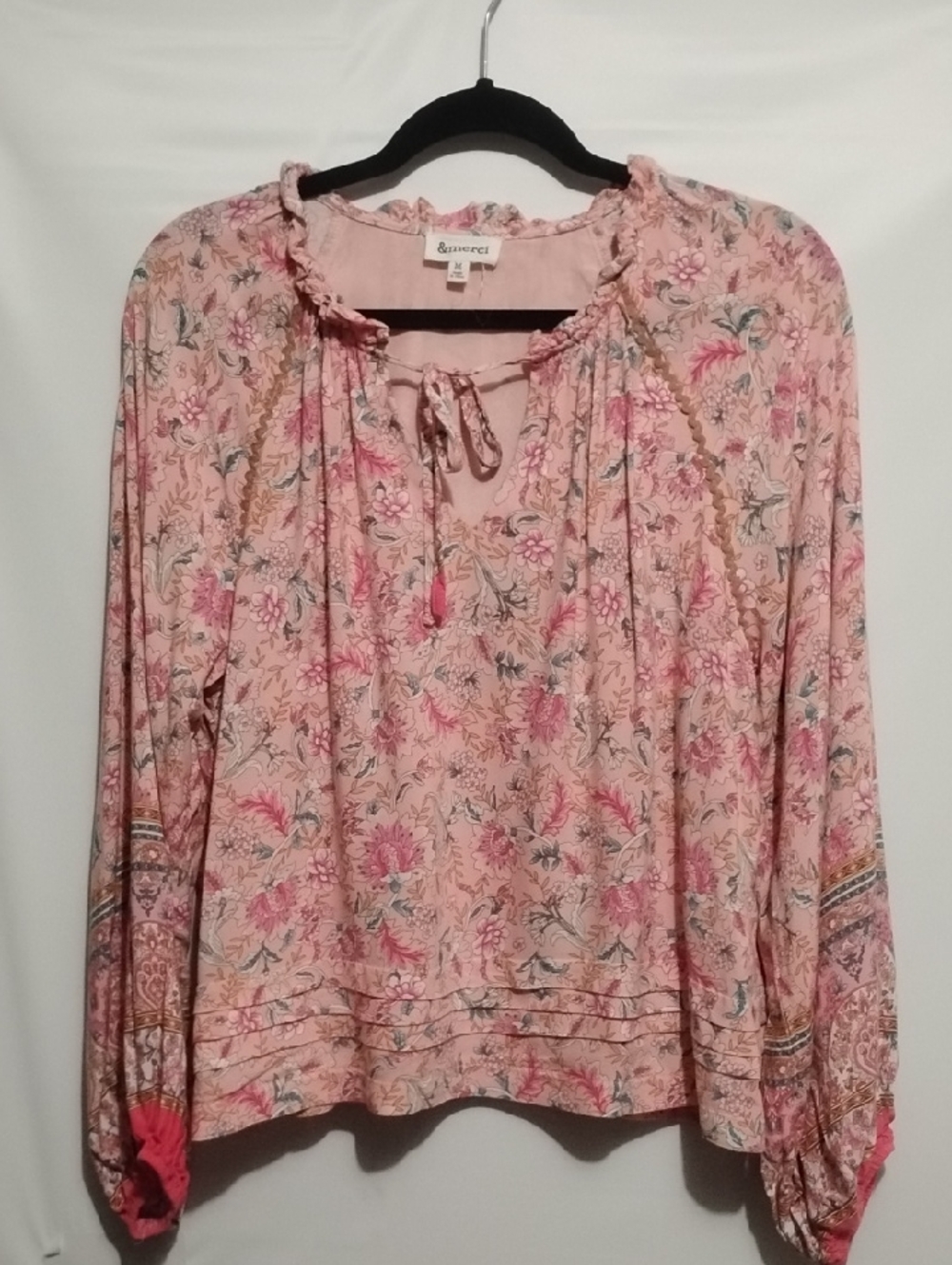 &MERCI Pink Floral Cottagecore Tie-Neck Peasant Blouse